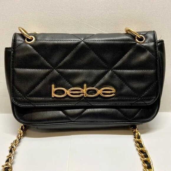 Bebe Gia Crossbody Shoulder Bag Quilted Faux Leather Gold Chain Strap Logo GUC - Picture 15 of 15